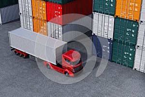 Red truck in container port