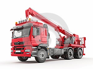 Red truck with crane isolated on white background