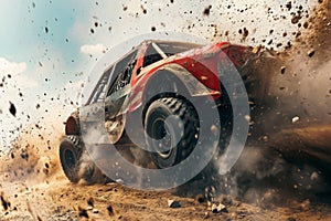 A red truck drives through a dusty dirt field, kicking up clouds of dust as it moves, An action-packed scene from an off-road