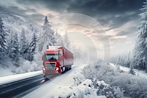 red truck drives on road with snowy forest around