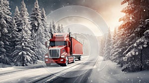 red truck drives on road with snowy forest around