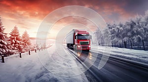 red truck drives on road with snowy forest around