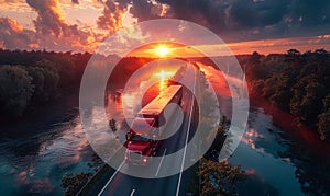 Red truck driving on the asphalt road along the river at sunset