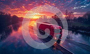 Red truck driving on the asphalt road in rural landscape at sunset with red clouds