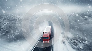 Red truck driving on a highway through the forest on a winter day during heavy snowstorm. Long-distance transport. Generative AI