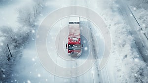 Red truck driving on snowy highway in the countryside, on a winter day during snowstorm. Long-distance haulage. Generative AI