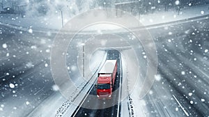 Red truck driving from under the bridge on a highway, on a winter day during snowstorm. Long-distance haulage. Generative AI