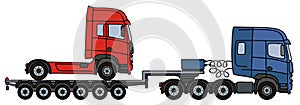 Red truck on a flatbed semitrailer