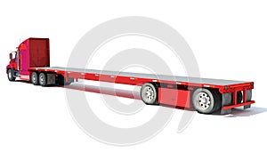 Red Truck with Flatbed Trailer 3D rendering on white background