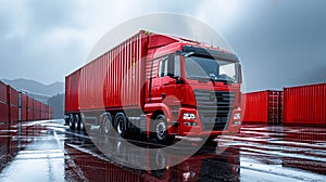 Red Truck in Logistics Center with Shipping Containers
