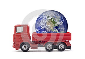 Red truck miniature with Planet Earth isolated on white background