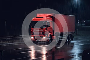 Red truck moving on a highway, Generative AI