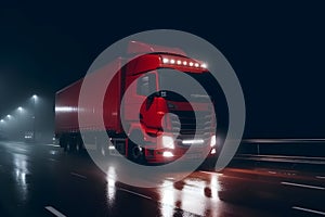 Red truck moving on a highway, Generative AI