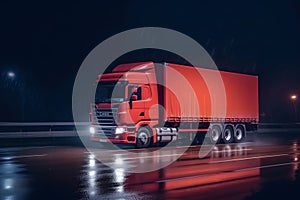 Red truck moving on a highway, Generative AI