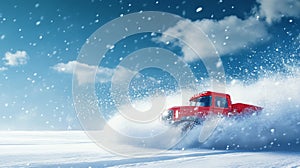 Red truck navigating through a snowy landscape on a bright winter day photo