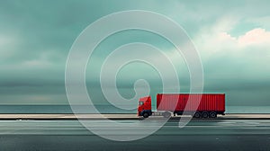 Red truck on the road with cloudy sky background. Transportation and logistics concept