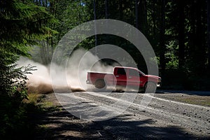 red truck speeding on a gravel forest road, dust trailing