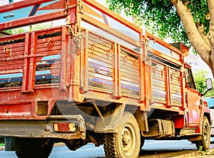 A red truck stands by the side of the road next to a green tree