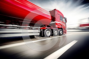 Red truck with tank for petroleum rushes along highway delivering material to oil refinery