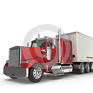 Red truck with a trailer on white 3D Illustration