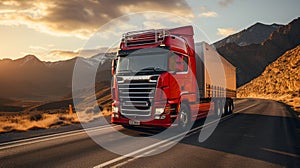 A red truck vehicle with container on highway driving on a road