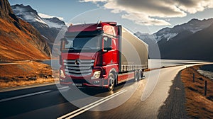 A red truck vehicle with container on highway driving on a road