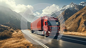 A red truck vehicle with container on highway driving on a road