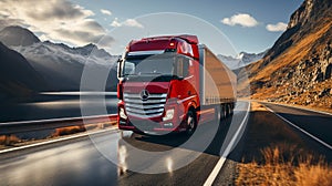 A red truck vehicle with container on highway driving on a road