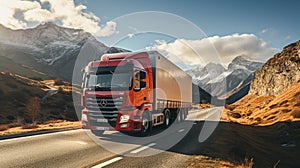 A red truck vehicle with container on highway driving on a road