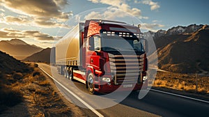 A red truck vehicle with container on highway driving on a road