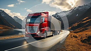 A red truck vehicle with container on highway driving on a road