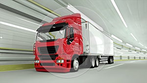 Red truckin a tunnel. fast driving. 3d rendering.