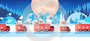 Red trucks delivering gifts merry christmas happy new year holidays celebration express delivery concept