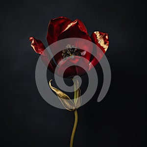 Red Tulip With Dark Background And Black Petals In Surrealist Style