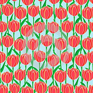 Red tulip fields on sky blue background seamless repeat pattern.