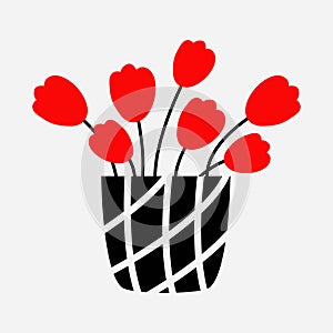 Red tulip flower set in vase. Ceramic black and white glass vase with line pattern. Cute flowers icon. Pottery Glass decoration.