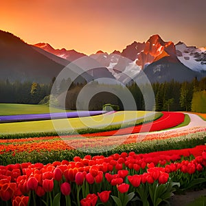 Red Tulip Garden,Beautiful, Flower, Sun set