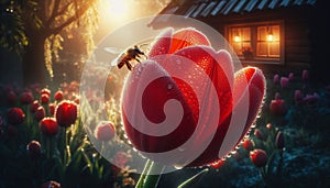 A red tulip glowing with morning dew, bee hovering above, with a cottage backdrop. photo