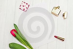 Red tulip on a white wooden board