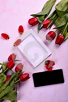 Red tulips bouquet, phone and white photo frame on pink background=
