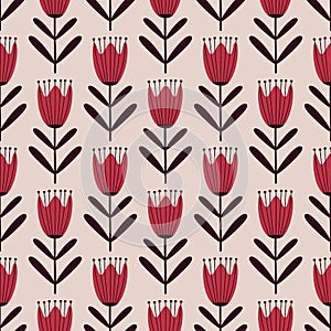 Red tulips flowers in flat style hand drawn vector illustration. Vintage floral ornament seamless pattern.