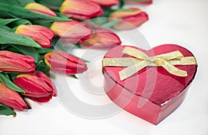 Red tulips with heart gift isolated on white background