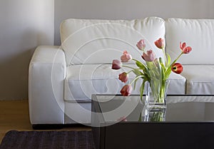 Red tulips in modern living room - home decor