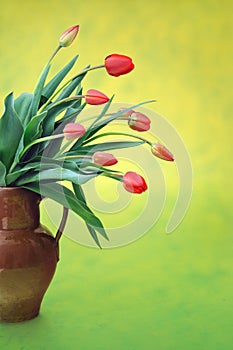 Red tulips in old jug