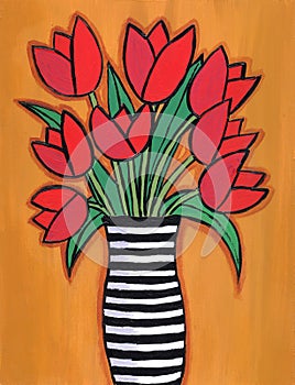 Red Tulips in striped Vase