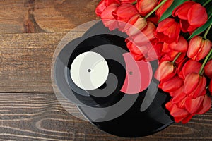 Red tulips and vinyl