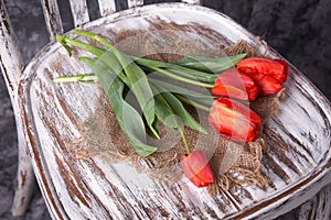 Red tulips on a wooden vintage old chair