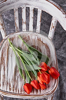 Red tulips on a wooden vintage old chair