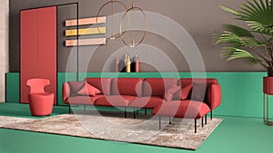 Red and turquoise colored contemporary living room, sofa, armchair, carpet, concrete walls, potted plant and decors, copper lamps