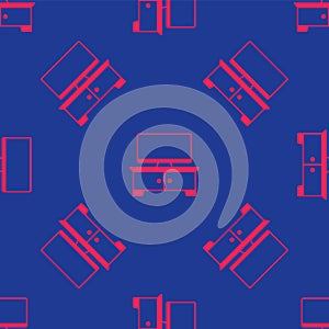 Red TV table stand icon isolated seamless pattern on blue background. Vector